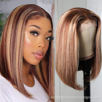 Highlight Color Lace Front Human Hair Wigs 150% Density Brazilian Virgin Straight Hair Blonde Short Bob Glueless T Lace Wigs